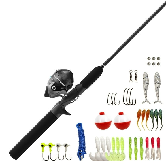 Zebco Ready Tackle Spincast Reel and Fishing Rod Combo, 5-Foot 6-Inch Fishing Pole, 45-Piece Tackle Kit, Right-Hand Retrieve, Black