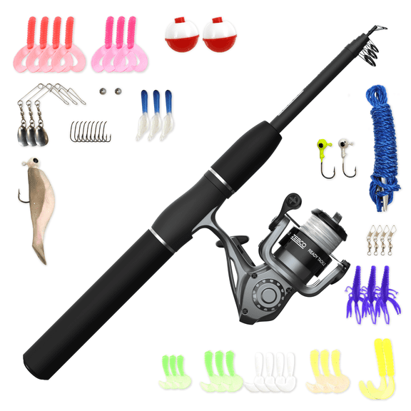 Zebco Ready Tackle Spinning Reel and Telescopic Fishing Rod Combo, Extendable 17-inch to 5-foot 6-inch Fishing Pole, 53-Piece Tackle Kit, Left-Hand Retrieve, Black