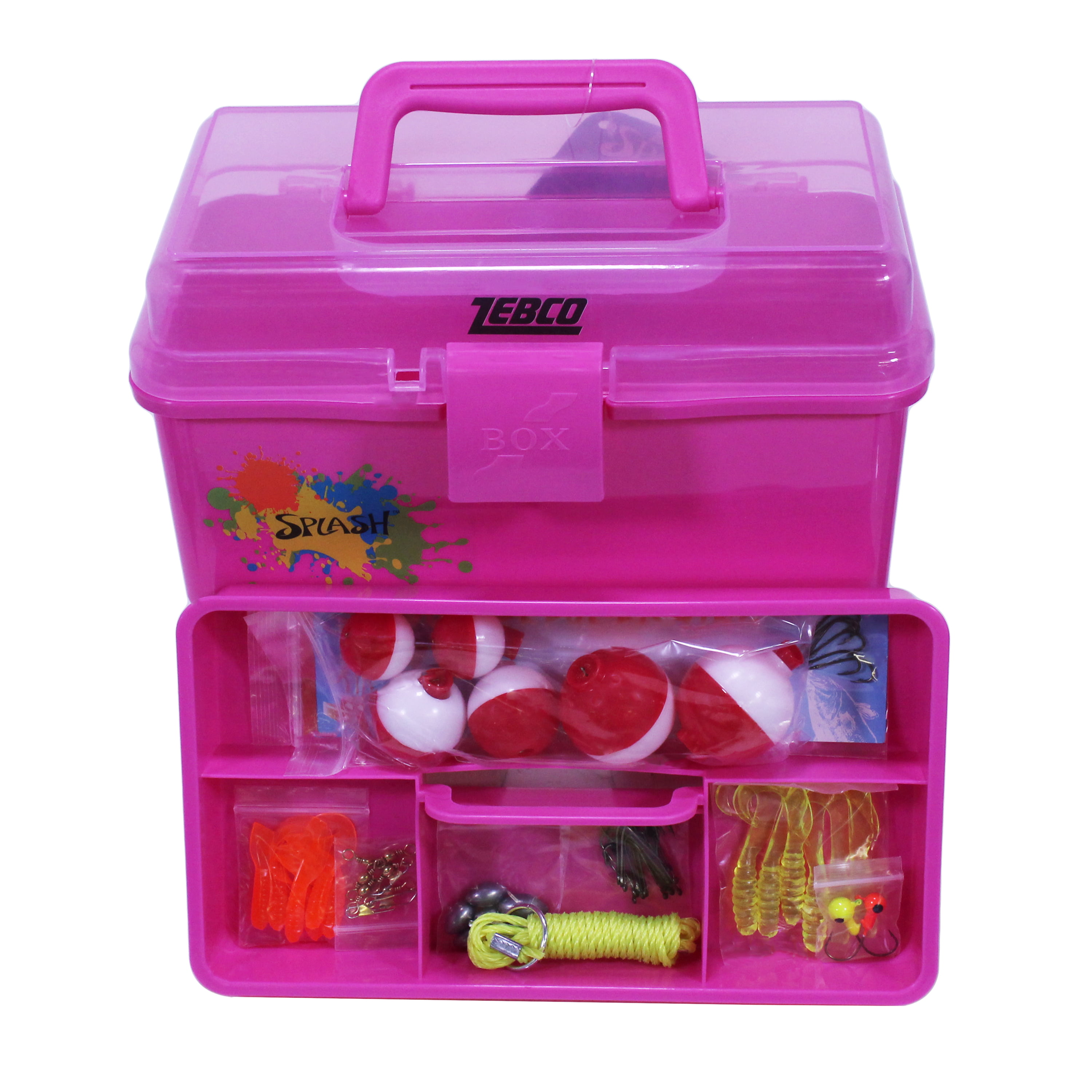 Zebco Splash Youth Fishing Tackle Box Kit with 57 Pieces, Pink