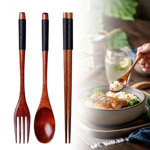 Zebin 3 PCS Kitchen Wood Dinner Flatware Tableware Set, Spoon, Fork and Chopsticks Wooden Utensils for Eating, Reusable Bamboo Eat Utensils for Travel Cutlery Set