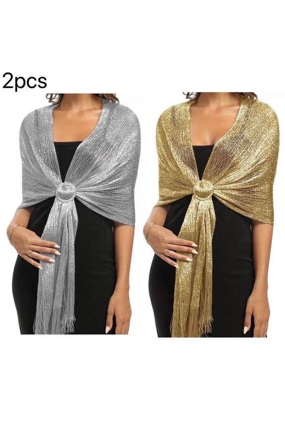 2 Pieces Women's Wedding Evening Shawl and Wrap Glitter Metallic Party Dresses Scarf with Fringe