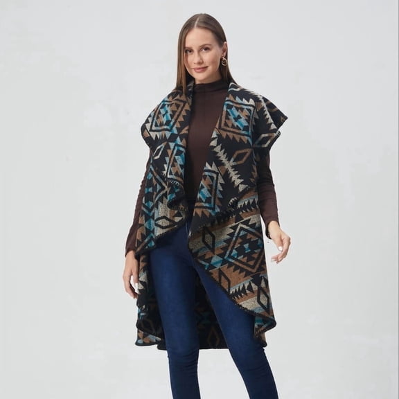 Zeblioso Aztec Reversible Round Shawl and Vest Cowgirl Style in Winter Western Ponchos