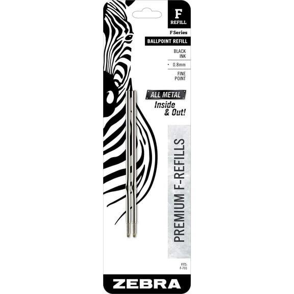 Zebra Pen 89112 F-series Ballpoint Stainless Steel Pen Refill, Fine 0.8 Mm Conical Tip, Black Ink, 2/pack
