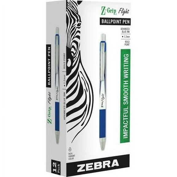 Zebra-1PK Z-Grip Flight Ballpoint Pen, Retractable, Bold 1.2 Mm, Blue Ink, White Barrel, 12/Pack