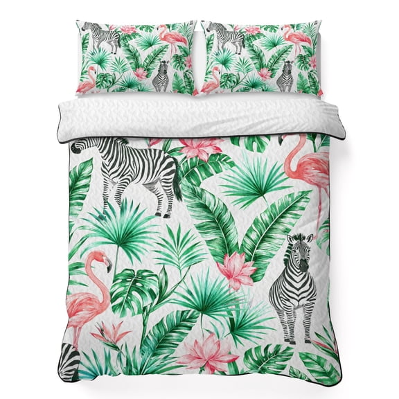 Zebra 3 Piece Quilt Bedding Set with 2 Pillow Shams, Tropical Rustic Pink Flamingo Hibiscus Green Palm Leaf Lightweight Bedspread Coverlet, Soft Breathable All Season Quilt, 79 x 90 Inch