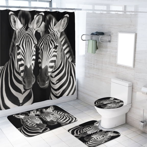 Zebra 4 Piece Shower Curtain Sets Black and White Animal Nature Wildlife with Non-Slip Rugs Toilet Lid Cover and Bath Mat Bathroom Decor Set, 72x72 Inch