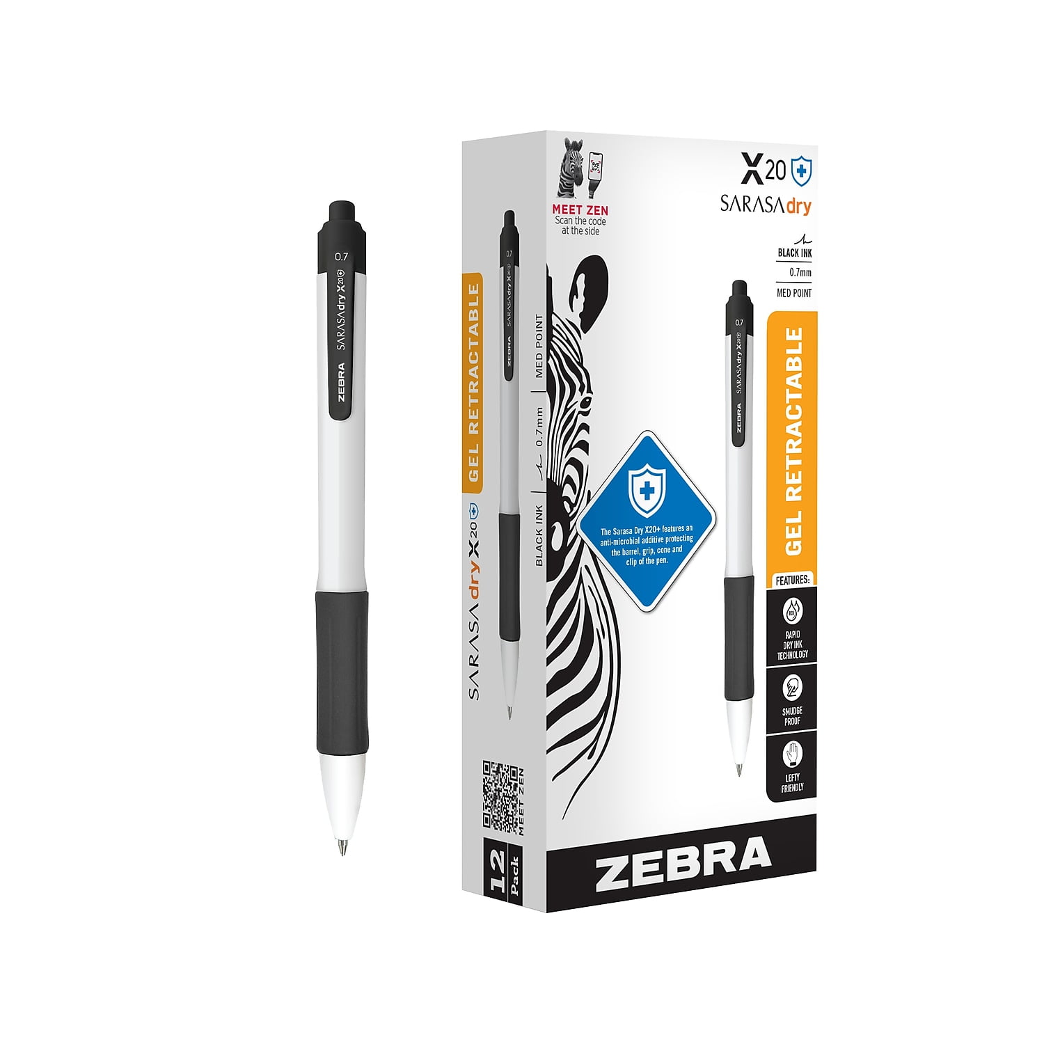 Sarasa Dry X20+ Gel Pen, Retractable, Fine 0.7 mm, Black Ink, White/Black Barrel, Dozen Sarasa Dry X20+ Gel Pen, Retractable, Fine 0.7 mm, Black Ink, White/Black Barrel, Dozen