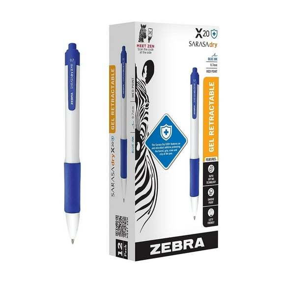 Zebra 41620 0.7 mm Retractable Fine Sarasa Dry X20+ Gel Pen - Blue Ink, White/Blue Barrel (12/Pack)