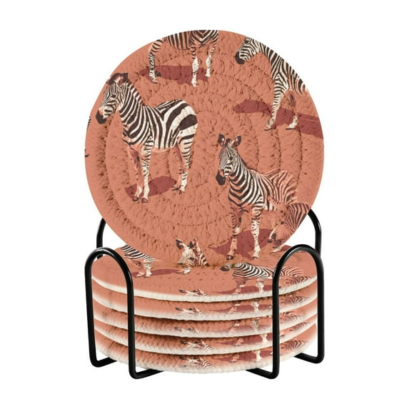Zebra 6 Pcs Drink Coasters with Holder Absorbent Coasters Woven Coasters for Drinks Table Desk Protection Home Decor