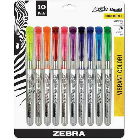 1PC Zebra Zazzle Liquid Ink Highlighter, Assorted Ink Colors, Chisel Tip, Assorted Barrel Colors, 10/Set