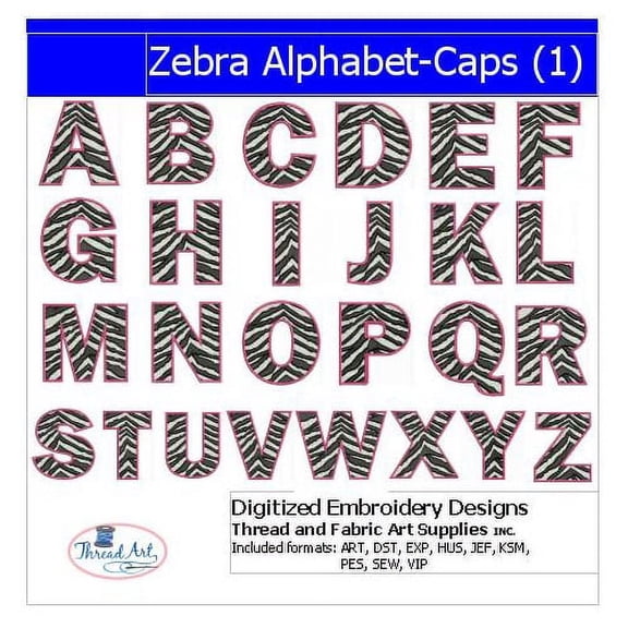 Zebra Alphabet Caps(1) Embroidery Designs - All Popular Formats Included - Loaded on USB Stick