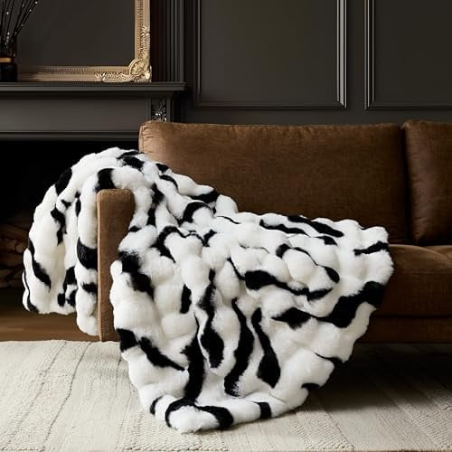 Zebra Animal Print Bubble Throw Blanket, Luxury Faux Rabbit Fur Mink Plush Throw for Couch, Sofa and Bed, Soft Fluffy Fuzzy Cozy Blanket for Women, Thick and Warm, 50x60 inches, 950 GSM