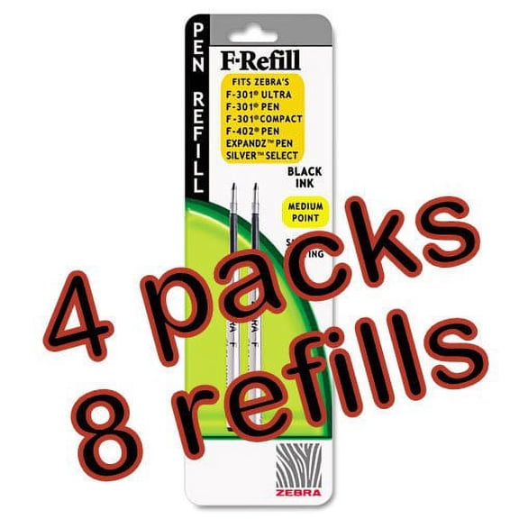 Zebra Ballpoint Pen F-Refill 85412, 1.0mm, Medium Point, Black, 4 Pack, 8 Refills