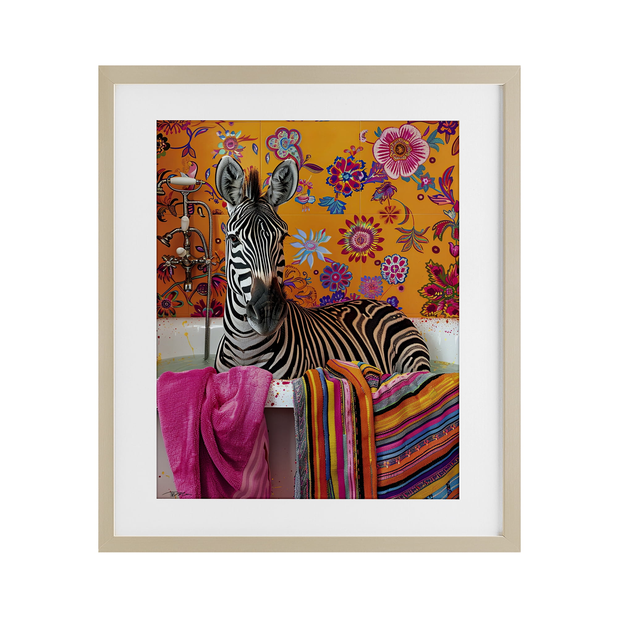 Zebra Bath with Colorful Towel Birch Framed Print Under Glass, design by Momart