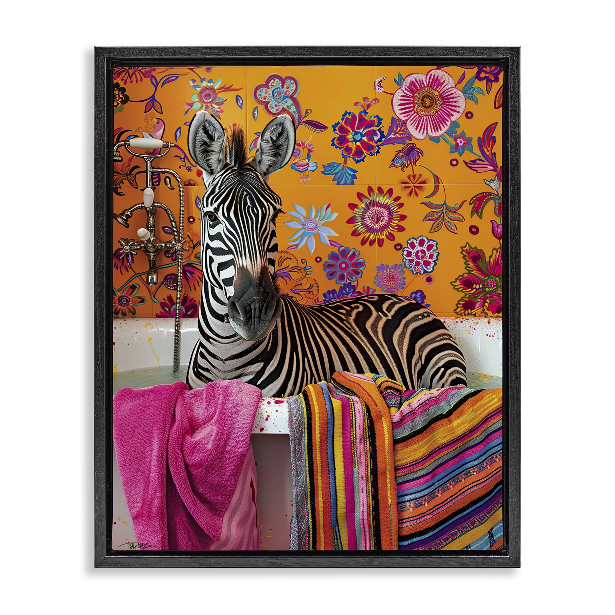 Zebra Bath with Colorful Towel Black Framed Floater Canvas Wall Art, design by Momart