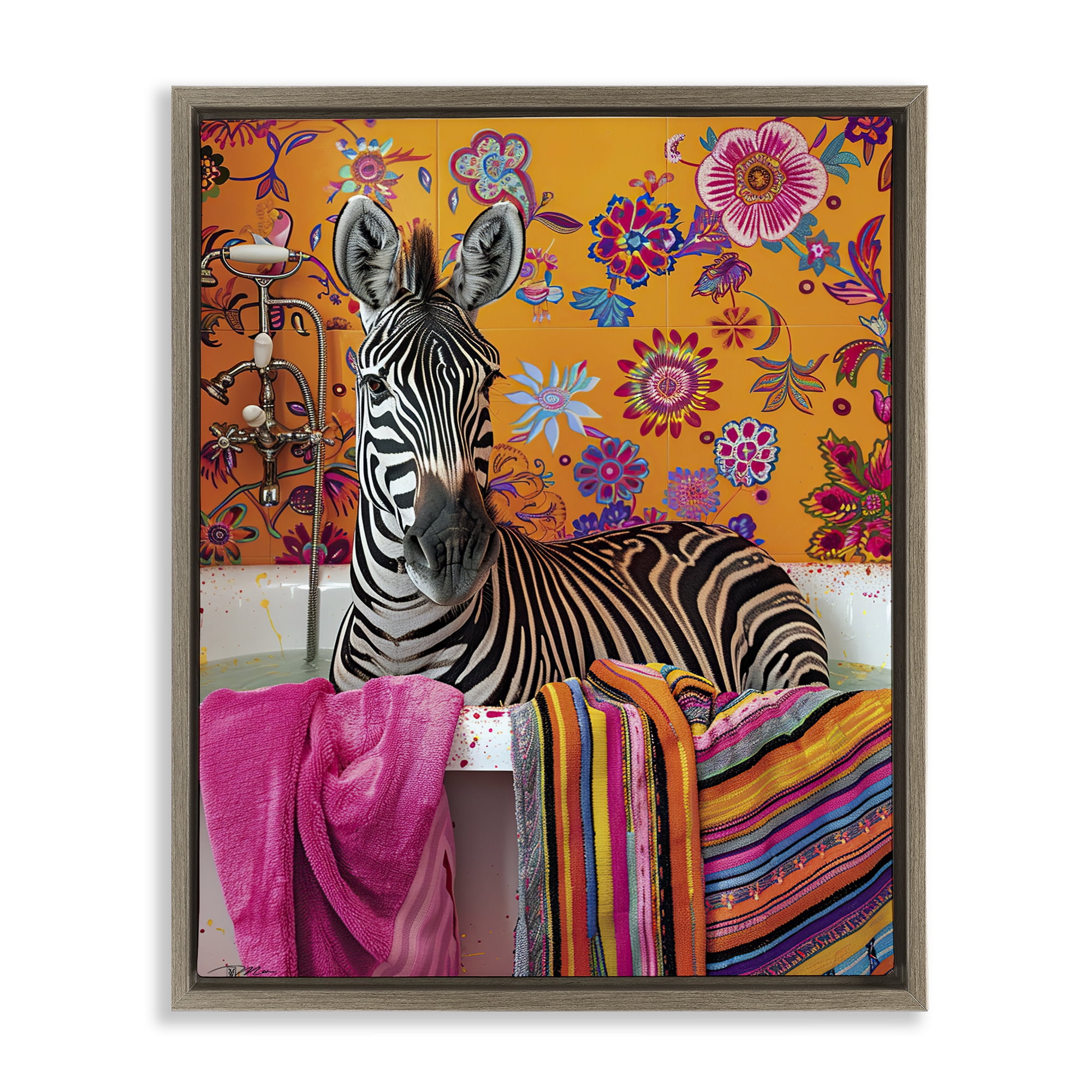 Zebra Bath with Colorful Towel Brown Framed Floater Canvas Wall Art, design by Momart
