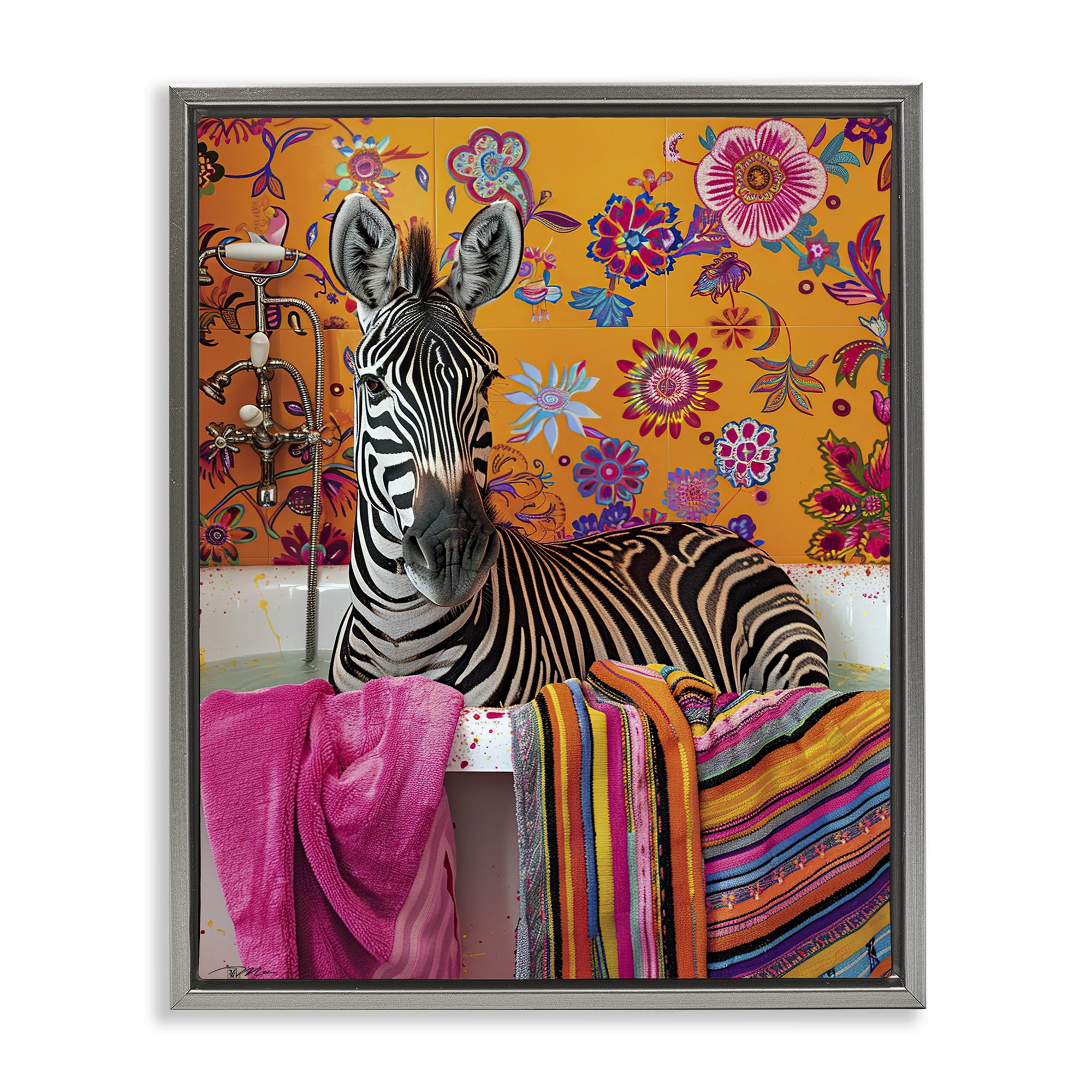 Zebra Bath with Colorful Towel Gray Framed Floater Canvas Wall Art, design by Momart