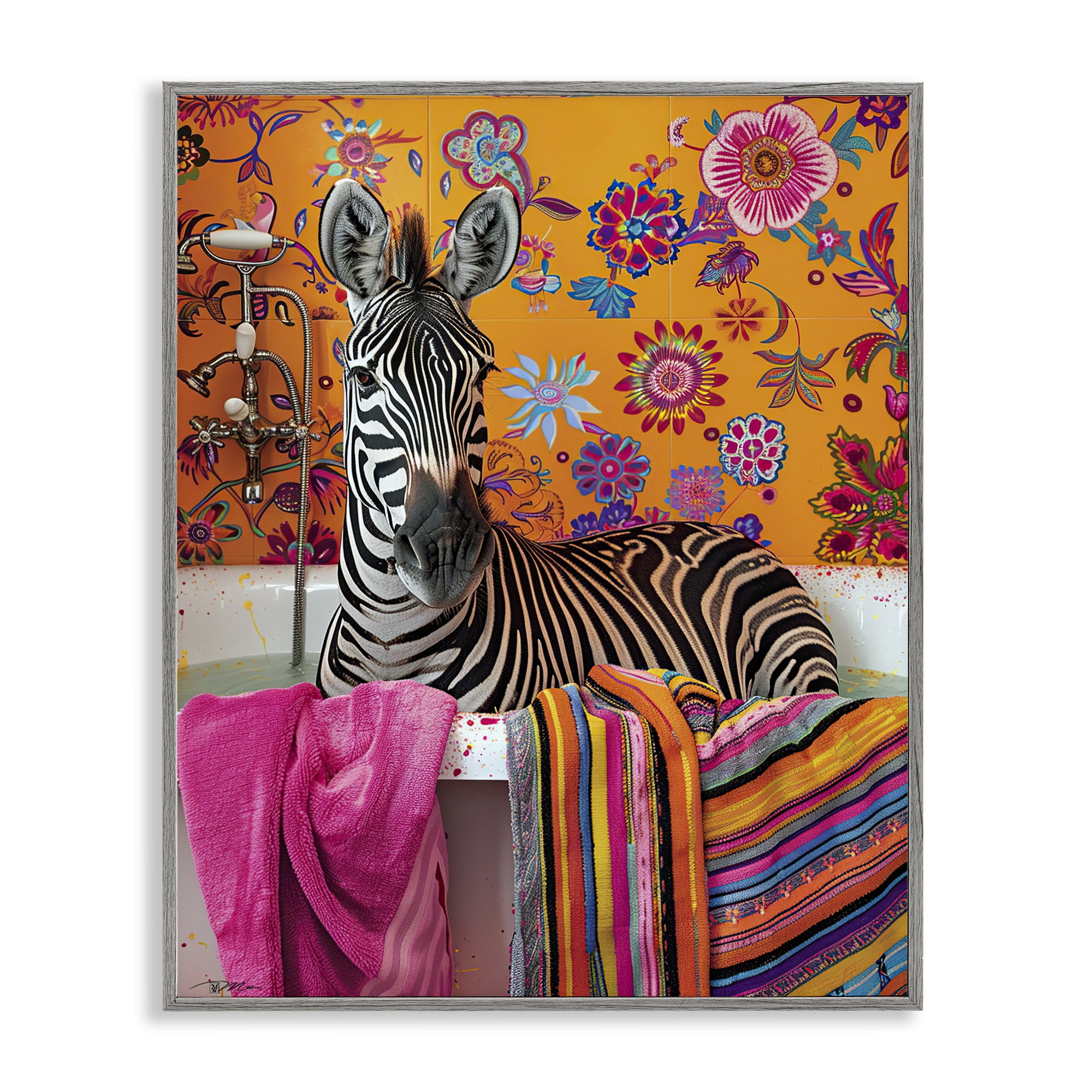 Zebra Bath with Colorful Towel Gray Framed Giclee Art, design by Momart