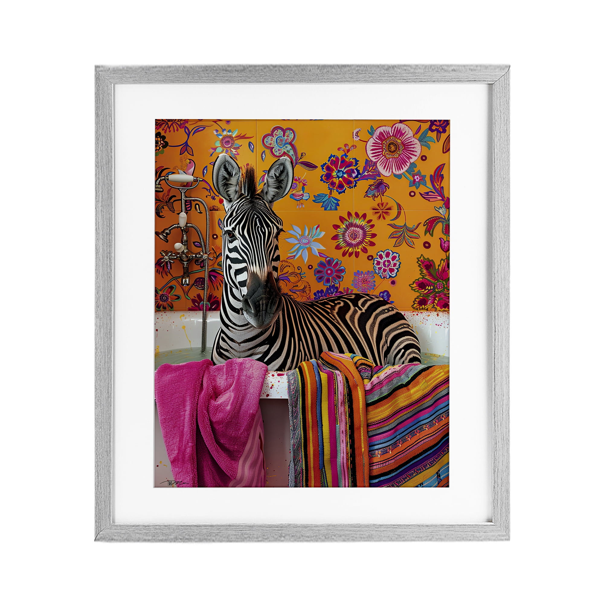 Zebra Bath with Colorful Towel Gray Framed Print Under Glass, design by Momart