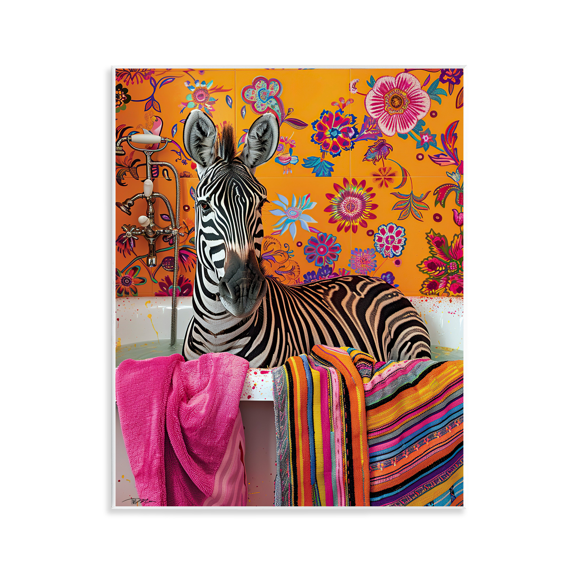 Zebra Bath with Colorful Towel Wall Plaque Art, design by Momart