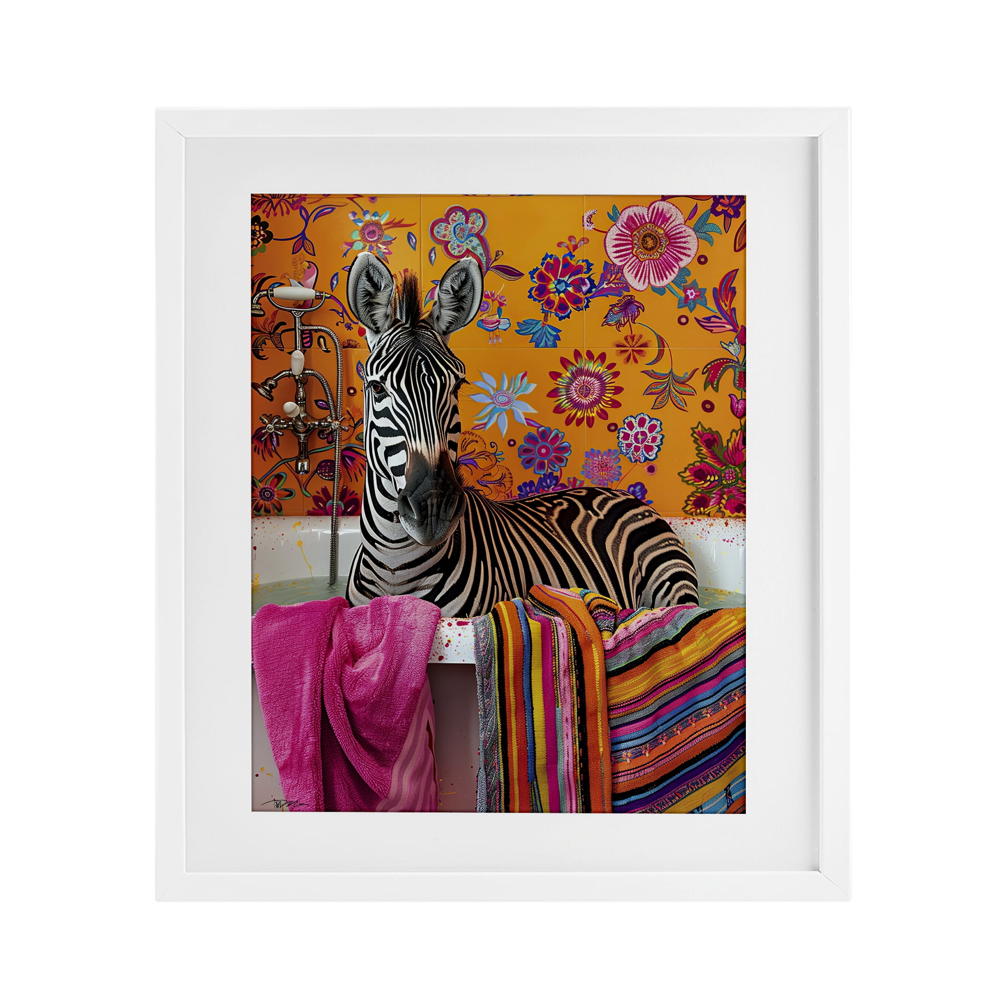 Zebra Bath with Colorful Towel White Framed Print Under Glass, design by Momart