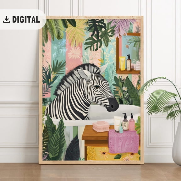 Zebra Bathing Art Poster, Quirky Animal, Colorful Zebra Bathtub Wall Art, Maximalist Tet Decor Bathroom Decoration Funky Wc, Unframed Poster Size 8x12