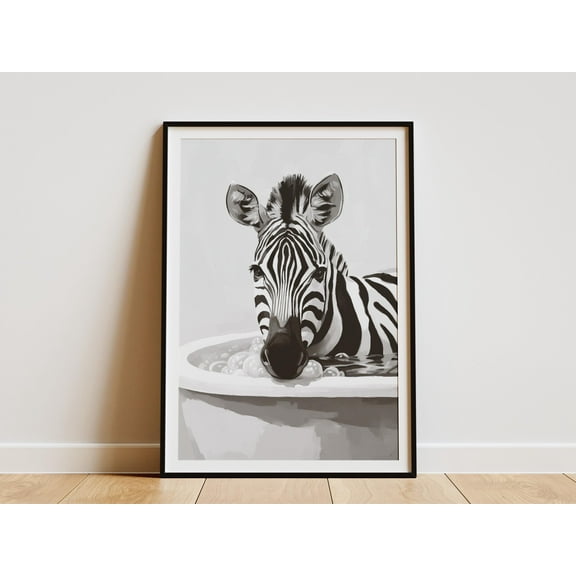 Zebra Bathtub Poster Minimalist Animal Art Print Bathroom Wall Decor Black and White Zebra Bubbles Modern Art Home Decor Zebra Lover Gift - Poster Unframed