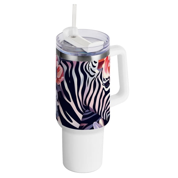 Zebra Beautiful Flowers 40 oz Tumbler with Handle Insulated Travel Mug Lid Straw Leak Proof Steel Vacuum Water Bottles Glasses Fits in Car Cup Holder