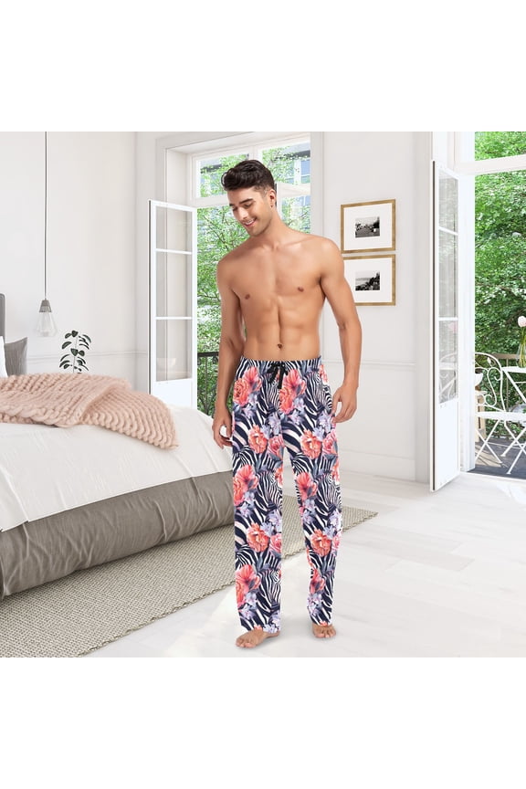 Zebra Beautiful Flowers Mens Pajama Pants Cotton Elastic Waistband Lounge Sleep Pajama Bottoms Pj with Pocket