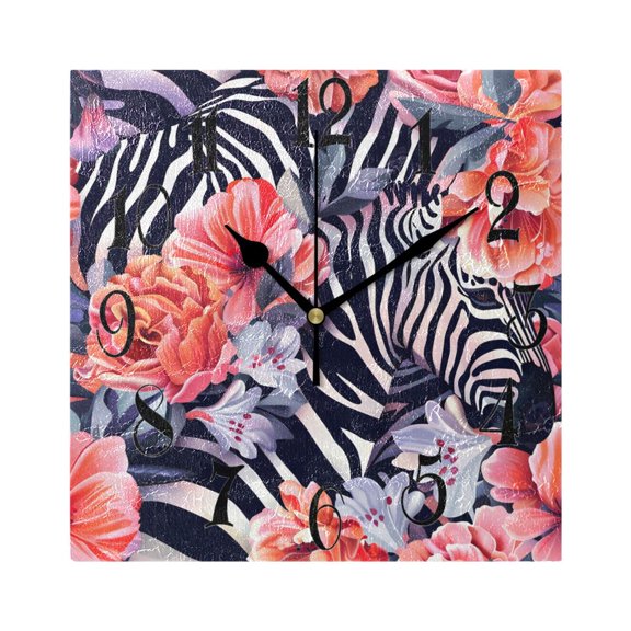 Zebra Beautiful Flowers Wall Clock Decorative Square Silent Non-Ticking Operated Clocks Aesthetic for Bedroom Living Room