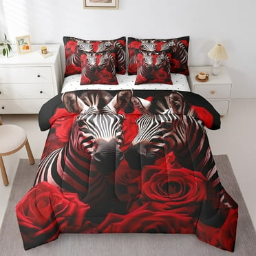 Zebra Bed in a Bag King Size Comforter Set 7 Pieces,Red Rose Flowers Bedding Sets Black and White Stripes Bed Set,Wild Animals Sheet Set with Comforter
