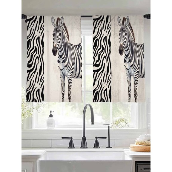 Zebra Black Stripe Animal Portrait Chiffon Sheer Curtains 45 Inches Long, Vintage Tree Branch 2 Rod Pocket Window Treatment Voile Drapes Curtains for Living Room Bedroom,2 Panels, 52x45In