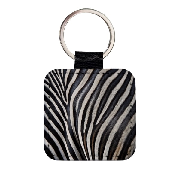 Zebra Black and White Stripes Pattern Faux Leather Square Keychain
