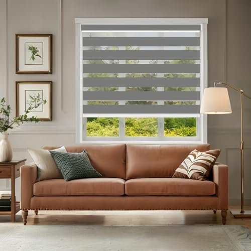 Zebra Blinds for Windows,Custom Size Cordless Zebra Roller Window Blinds, Dual Layer Blackout Roller Shades,Day and Night Blinds for Door,Office,Grey Sunshade Zebra Blinds 57" WxCustom