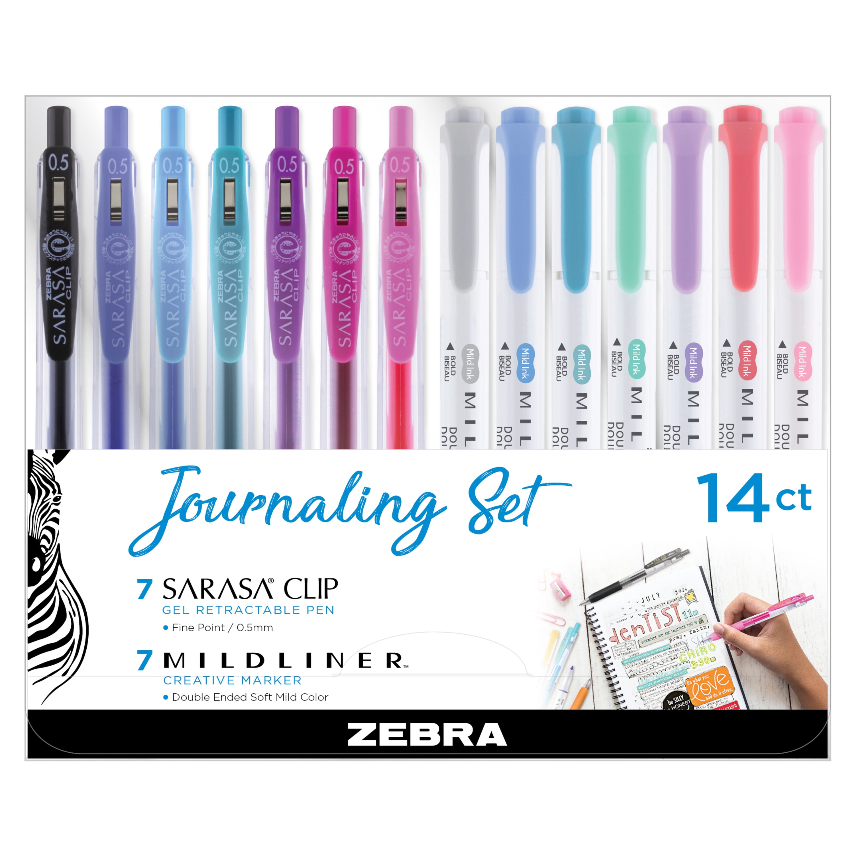 Zebra Bullet Journal Variety Pack, 7 Double Ended Markers, 7 Gel Pens, 14  Pieces