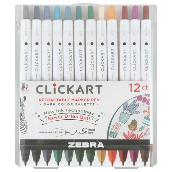Zebra Pen CLiCKART Retractable Marker Pen, Dark Colors 12pk