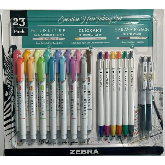 Zebra-Creative Note Taking include 15 Midliner Double Ended Highlighter, 6 Retractable Felt Tip Clickart, 2 Retractable Sarasa MarOn Gel Pen