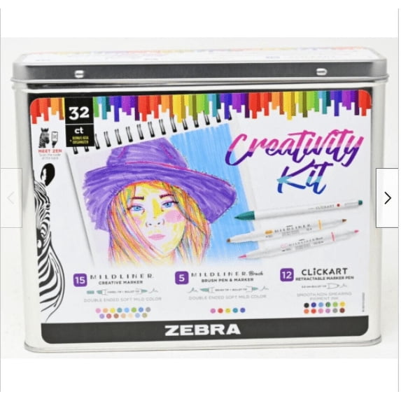 Zebra Creativity 32ct Kit-Colorful Brush Pens, Markers & Click Art Marker Pen in Tin Container