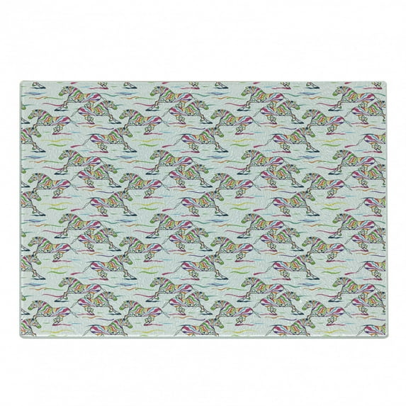 Zebra Cutting Board, Pattern of Running Zebra Animals with Lively Colored Skin Design Safari Wildlife, Decorative Tempered Glass Cutting and Serving Board, Small Size, Multicolor, by Ambesonne