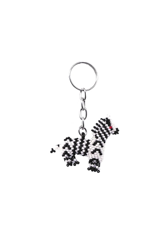 Zebra Czech Glass Seed Bead 3D Figurine Keychain Metal Ring - Handmade Gifts Boho Car Keys Bag Jungle Animal Accessories