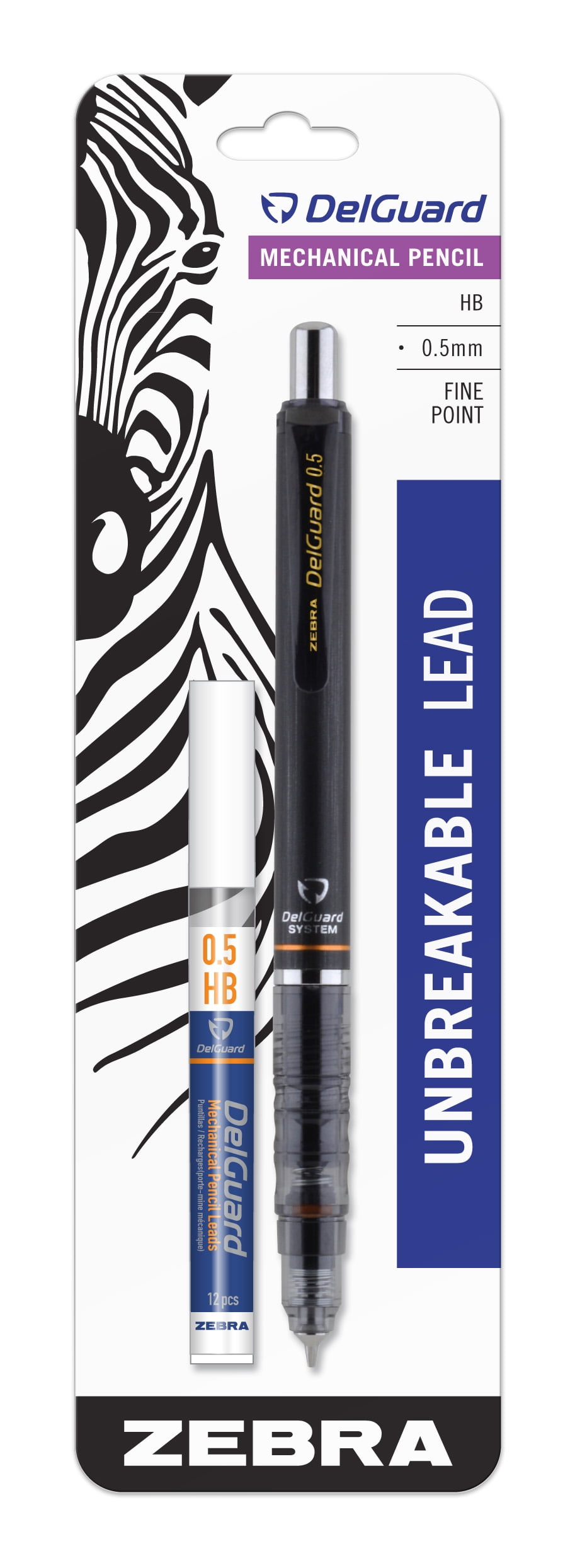 Zebra DelGuard Mechanical Pencil with Bonus Lead Refill, Fine Point, 0.5mm  Point Size, Standard #2 HB Lead, Black Barrel, 1-Count