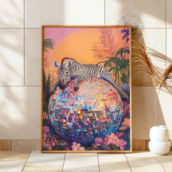 Zebra Disco Ball Art Funky Maximalist Decor Unframed Paper Print