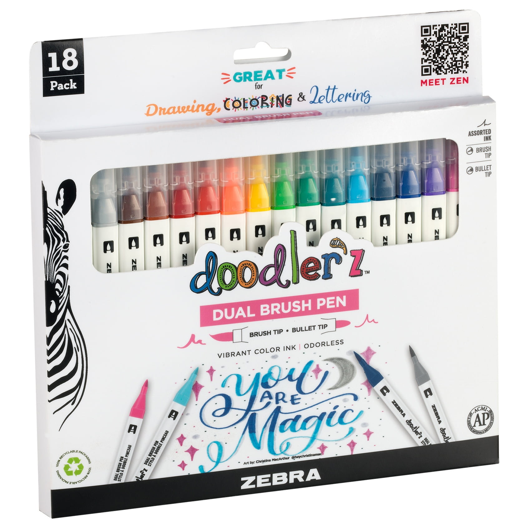 Zebra Doodlerz Dual Brush Pens 18/PkgAssorted