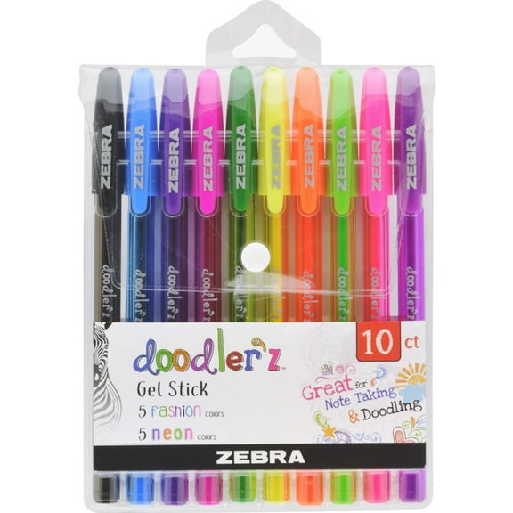 Zebra Doodlerz Gel Stick Pen, Bold Point, 1.0mm, Assorted Neon Colors, 10 Pack