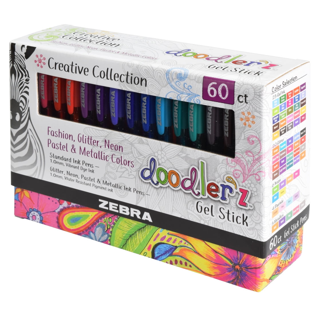 Zebra Doodlerz Gel Stick Pens, Bold Point 1.0mm, Assorted Colors, 60-Count