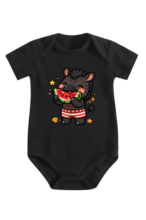 Zebra Eating Watermelon On Beach Baby Bodysuit, 100% Cotton Short Sleeve Snap Romper, 0-12 Months