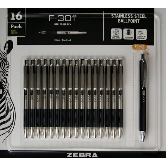 Zebra F 301 0.7mm Fine Point Stainless Steel, 16 Ballpoint Pens + Bonus G 350