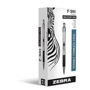 ZEBRA Pen F-301 Black Ballpoint Pens, Ultra Stylish Stainless Steel Black Biro Pens, Retractable Ballpoint Pens, Black Ink, Premium Zebra Pens Multipack for Everyday Use - Medium Point, 12pk