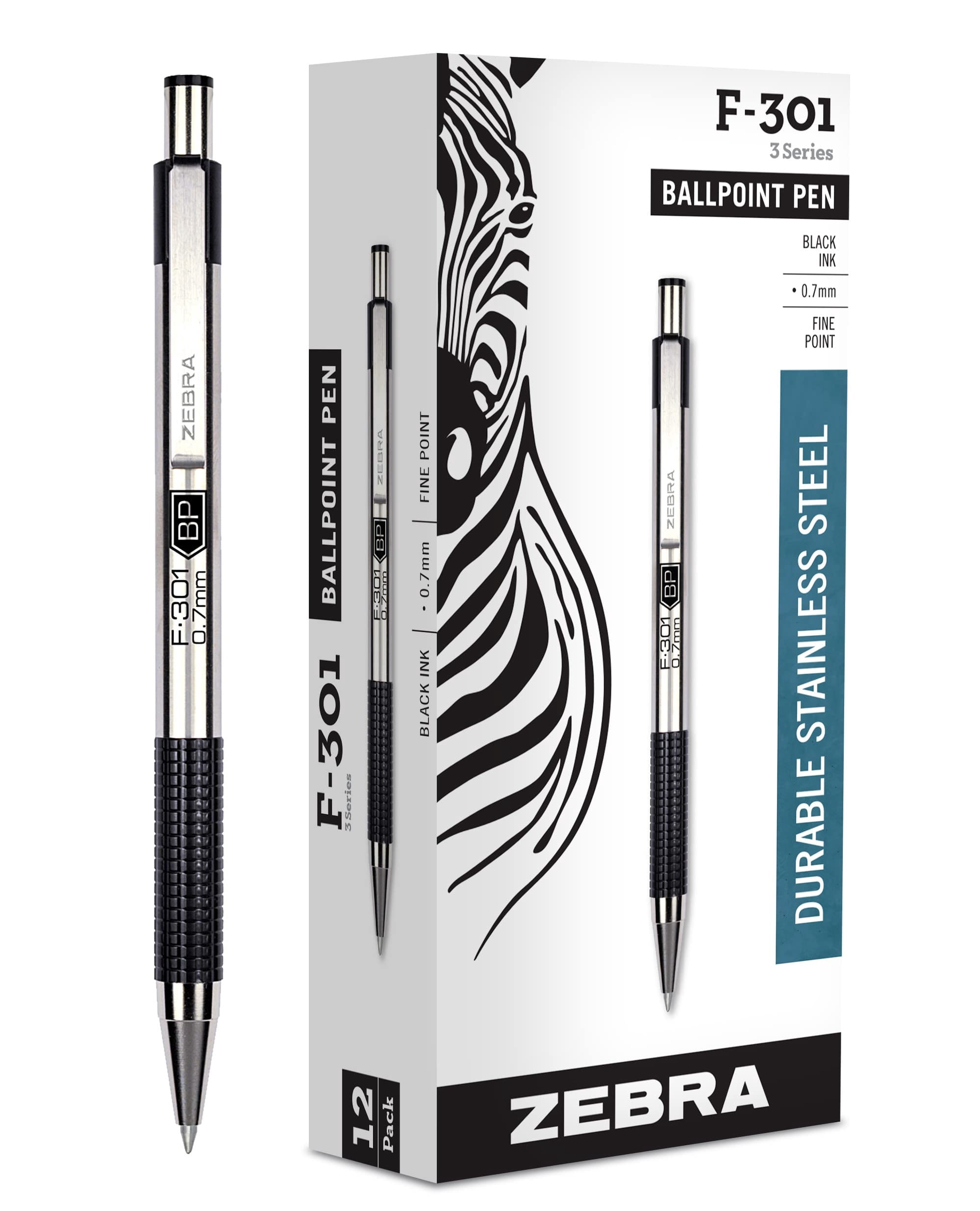 Zebra, Ballpoint Pen, F-301, Stainless Steel Retractable 12-pack ...