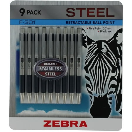 Zebra F-301 Ballpoint Retractable Pen, Black Ink, Fine Point - 9 Pens